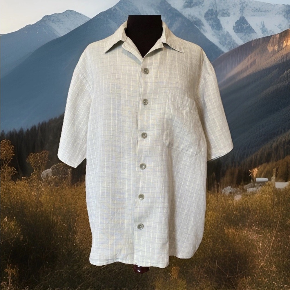 Flax Cherished Shirt Linen Button Down Green Yellow Purple Plaid Size Small